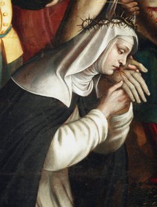 The Deposition (detail) showing Saint Catherine of Siena. Painting by Giovanni Battista Secco dit il Caravaggino (active 1572-1625) 1616 Chapel of Santa Corona, Basilica di Santa Maria delle Grazie