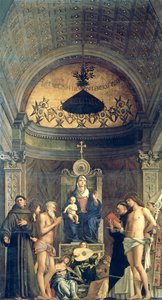 Madonna and Child Enthroned between SS. Francis, John the Baptist, Job, Dominic, Sebastian and Louis (the San Giobbe Altarpiece) by Giovanni Bellini
