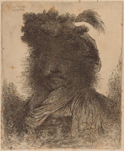 Bearded Man with Shadowed Face, Wearing a Scarf and a Plumed Hat by Giovanni Benedetto Castiglione