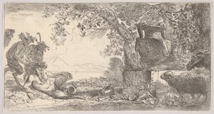 Pan Reclining with Two Standing Satyrs