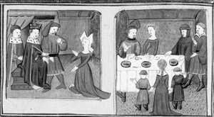 Decameron, Gilette asks the king to marry Beltramo di Rossiglione; Giletta presents her children to Beltramo. Third day, story 9 by Giovanni Boccaccio