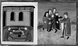 Decameron, Giovanni del Bragoniera and Biagio Pizzini steal the relic from Brother Ciboule; the brother marks the villagers