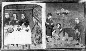 Decameron, Gianni di Barolo sits at the table with Pietro da Tresanti and his wife; Gianni tries to attach the tail to the woman. Ninth day, story 10 by Giovanni Boccaccio