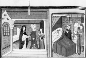 Decameron, Madame Piccarda visits the priest of Fiesole; the priest is surprised by the bishop in bed with the maid. Eighth day, story 4 by Giovanni Boccaccio