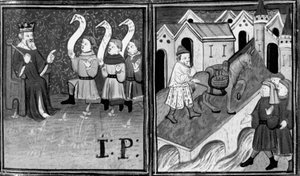 Decameron, Solomon pronounces his judgment; Joseph and Melissa must cross the Goose Bridge. Ninth day, story 9 by Giovanni Boccaccio