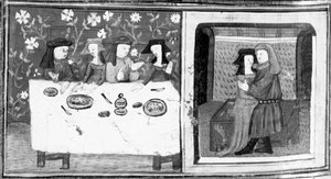 Decameron, Spinelloccio and Zeppa sit at the table with their wives; Zeppa kisses Spinelloccio