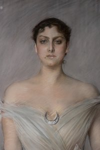 Portrait of a Lady in White with Gloves and Fan (detail) by Giovanni Boldini