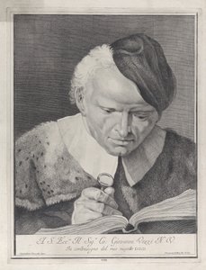 Man in a hat reading a book with a magnifying glass, 1743 by Giovanni Cattini