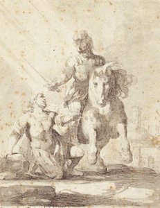 Soldier in Antique Clothing Swinging a Sword over a Kneeling Soldier