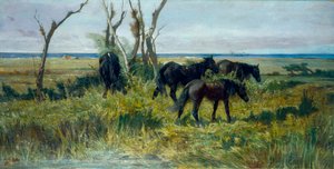 Maremma Pasture. Grazing Horses by Giovanni Fattori