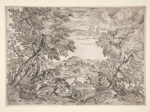 Landscape with Three Men by a River by Giovanni Francesco Grimaldi