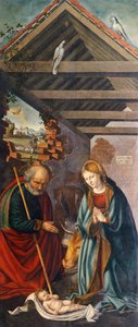 Adoration of Child, central panel of Triptych depicting Nativity with Saints Francis and Bartholomew with two donors by Giovanni Girolamo Savoldo
