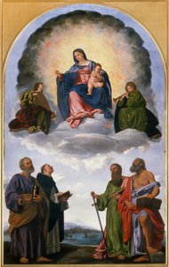 Madonna in Glory with the Christ Child, Two Angels Musicians, St. Peter, St. Dominic, St. Paul and St. Jerome (Pesaro Altarpiece)