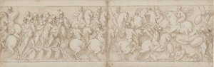 Marcus Aurelius sets out over a wharf with infantry and cavalry; the Sarmatians are repulsed by advancing Romans by Giovanni Guerra