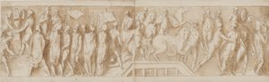 Roman Soldiers Building a Camp (End of LXXXII); An Address (LXXXIII); Romans Crossing a River on a Pontoon Bridge (LXXXIV); Women are Taken Prisoner (Beginning of LXXXV) by Giovanni Guerra