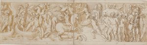 Roman soldiers crossing a river in boats (largely restoration); a fighting Roman soldier; Roman guards bringing barbarian prisoners before the emperor; beginning of a march by Giovanni Guerra