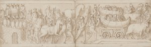 The Besieged Romans Receive Reinforcements from the Other Side, the Romans on the March with the Emperor; Shields in Boats are Pulled Over a Bridge on Ox-Carts by Giovanni Guerra