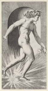 Apollo riding his chariot in a niche, facing right, from a series of mythological scenes, 1526
