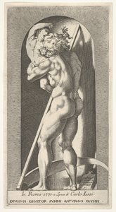 Plate 1: Saturn in a Niche Devouring His Son, Standing Before a Scythe by Giovanni Jacopo Caraglio