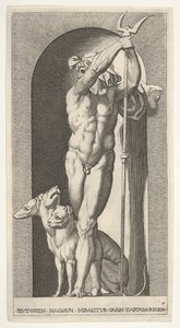 Plate 7: Pluto in a Niche, Holding a Bident, with Cerberus Next to Him, from a Series of... by Giovanni Jacopo Caraglio