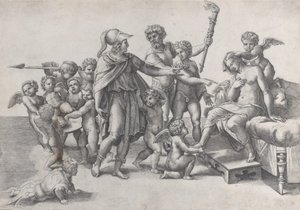 The marriage of Alexander and Roxana, Alexander surrounded by putti, offering a crown by Giovanni Jacopo Caraglio