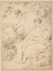 Young boy and a girl with flute and sheep