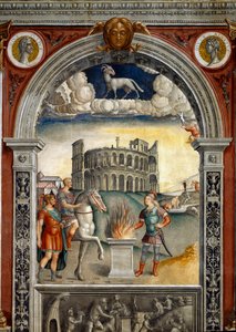 Sign of the Zodiac: The Ram. On top medallions with portraits of Julius Caesar and Augustus. Below, legend associated with the birth of the constellation corresponding to the sign: Caius Mucius Scaevola, introduced into the enemy camp of Etruscan king by Giovanni Maria Falconetto