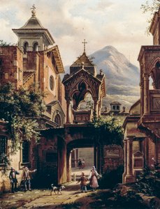 Exterior of Ancient Abbey with Persons by Giovanni Migliara