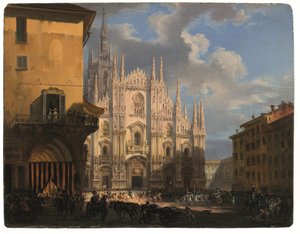 View of Piazza Duomo with the Coperto dei Figini and the Isolato del Rebecchino, Milan