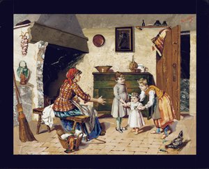 Pictorial Plate Depicting a Cottage Interior Scene with Mother, Two Young Girls and an Infant Taking Her First Steps, Florence, c.1900-10 by Giovanni Montelatici