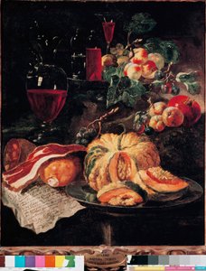 Still Life: Pumpkin, Bacon, Ham, Peaches and Wine by Giovanni Paolo Castelli