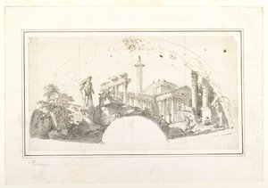 Design for a Fan: Capriccio with Roman Ruins and the Farnese Hercules by Giovanni Paolo Panini