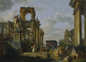 Architectural Capriccio of the Roman Forum with Philosophers and Soldiers among Ancient Ruins by Giovanni Paolo Pannini