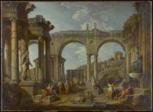 A Capriccio of Roman Ruins with the Arch of Constantine by Giovanni Paolo Pannini