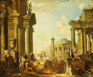 Marcus Curtius Leaping into the Chasm, a Capriccio with Trajan