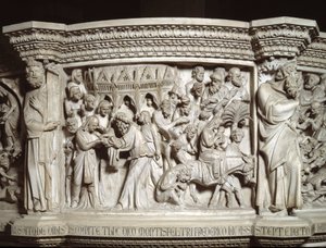 Detail of the Reliefs of the Chair by Giovanni Pisano: The Presentation of Jesus at the Temple and the Escape to Egypt (Detail) by Giovanni Pisano