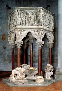 Hexagonal pulpit with dramatic reliefs, c.1297