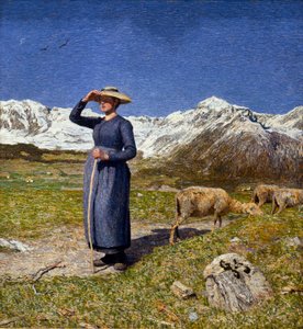 Midday in the Alps. A bergere protecting her eyes from the sun