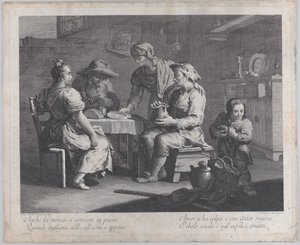 Three People Seated Around a Table as a Man Brings an Empty Plate by Giovanni Volpato