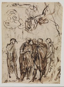 A Group of Five Men Conversing, Upside Down Relative to Them, Sketches for a Reclining Old Man, a Right Arm, and Possibly for a Coat of Arms by Giovanni da San Giovanni
