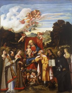 Madonna Enthroned with Angels, St. Apollonia, St. Augustine, St. Catherine, St. Joseph, St. Grata, St. Philip Benizzi and St. Barbara (St. Gotthard Altarpiece) by Giovanni de Busi Cariani