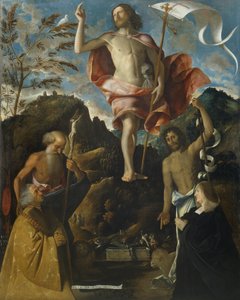 Resurrection of Christ, St. Jerome, St. John the Baptist and the Donors Ottaviano and Domitilla Vimercati at Prayer by Giovanni de Busi Cariani