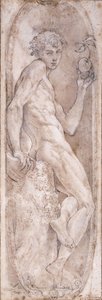 Adam holding an Apple, seated, in a Medallion, c.1547-1553