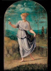 Young Woman Holding a Flower with an Extensive Landscape Beyond by Girolamo da Carpi