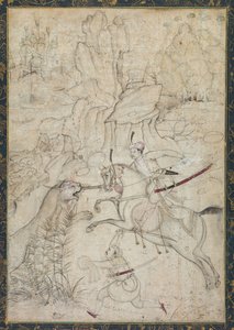 A Mounted Prince Hunting Lion in a Rocky Landscape