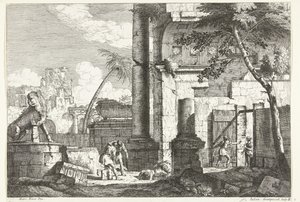 Ancient Ruins with Grave Robbers and Palm Tree