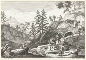 Mountain Landscape with Riders Leading Horses Downhill by Giuliano Giampiccoli