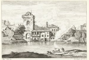 View of City with Tower by Water by Giuliano Giampiccoli