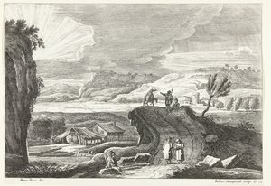 Hilly Landscape with Pilgrims on the Road and Setting Sun by Giuliano Giampiccoli