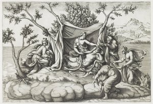Latona Giving Birth to Apollo and Diana, engraved by Diana Mantovana